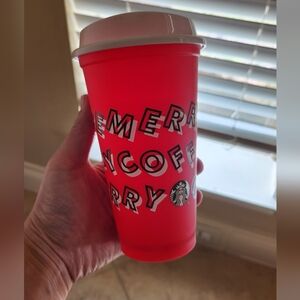Starbucks Vibrant Red Tumbler with Festive Text